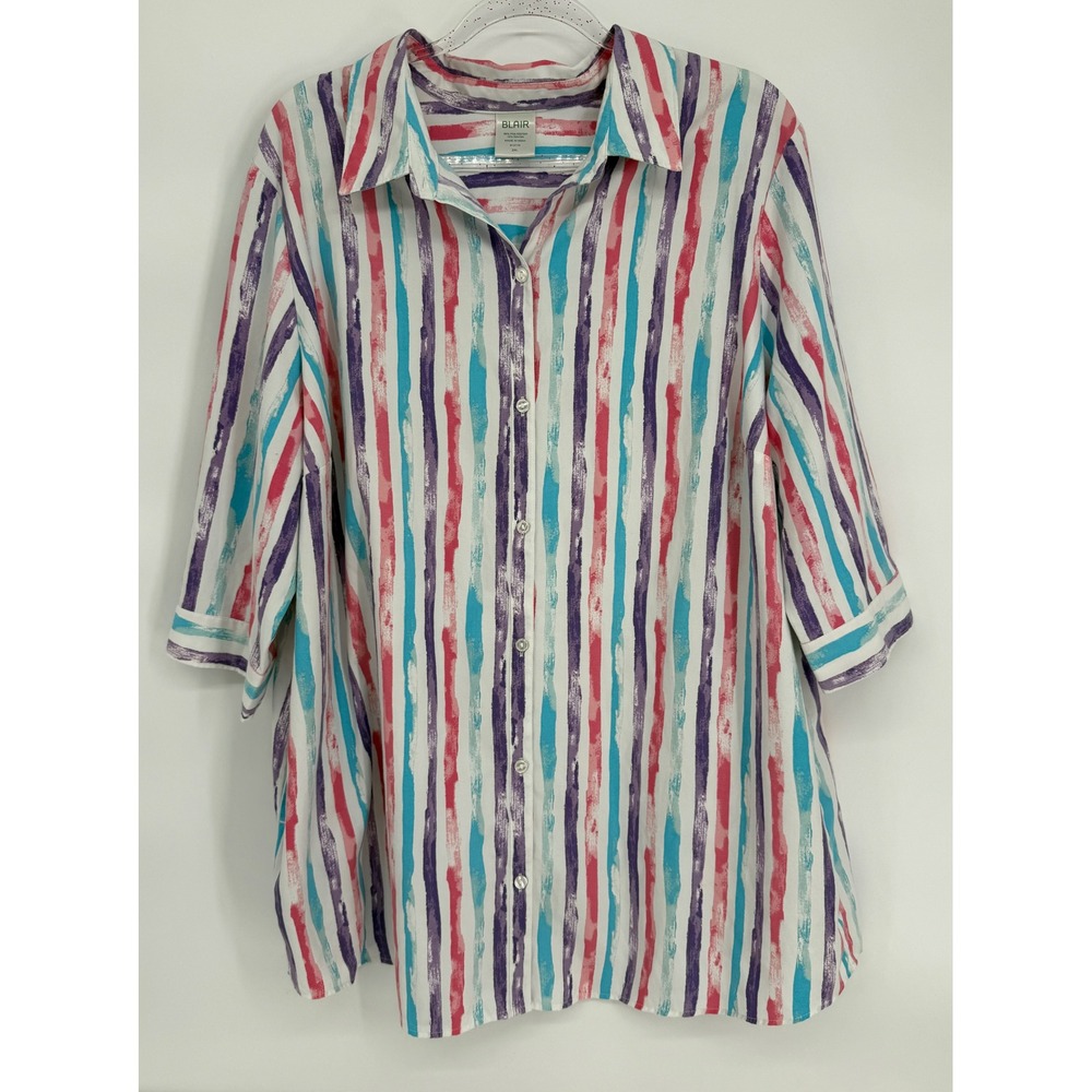 Blair Womens Sz 2XL Multi Color Watercolor Stripe Button Down 3/4 Sleeve Blouse
